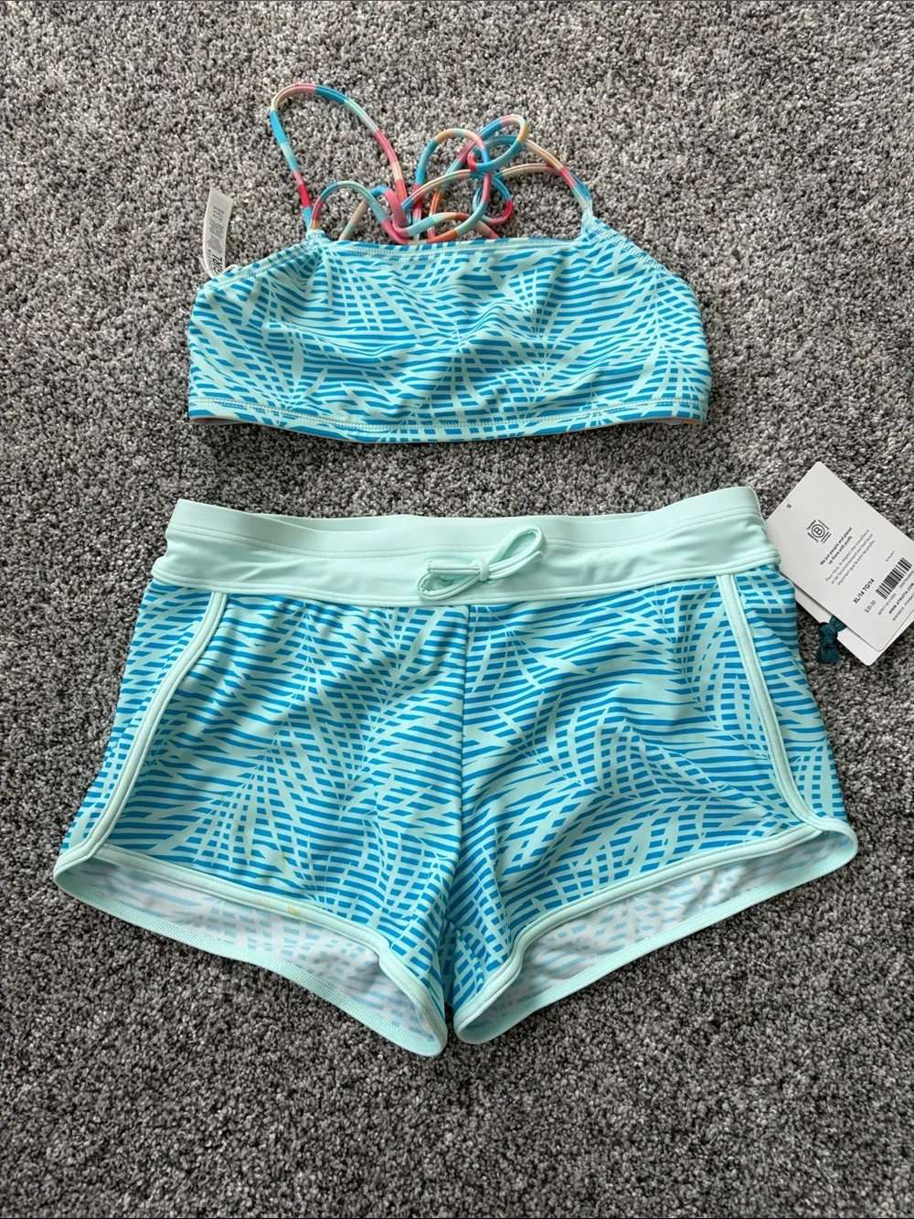 Athleta Girls' Aqua Wave Pattern Two-Piece Swim Set with Multi-Color Straps